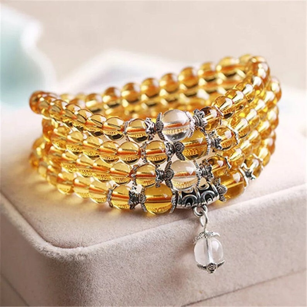 Buddha Mala 108 Yellow and Clear Glass Bracelet